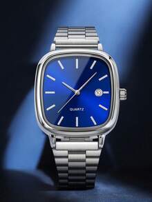 2pcs Set Men's Minimalist Business Watch Set, Featuring Silver Steel Band Paired With Square Blue Dial, Dial With Matte Texture Design, Clear And Easy-To-Read Markings, Built-In Date Display Window. - Silver - View 8