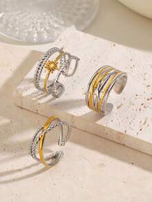 3pcs 18K Gold Plated Stainless Steel Minimalist Sun Line Design Rings, Suitable For Women's Daily Wear - Multicolor - View 5