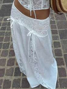 Solid Color Lace Patchwork Elegant Overlocked Hem Wedding Skirt White Summer - White - View 1