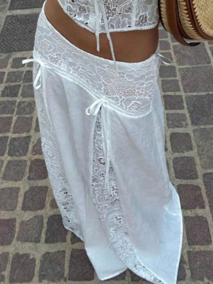 Solid Color Lace Patchwork Elegant Overlocked Hem Wedding Skirt White Summer - White - View 1