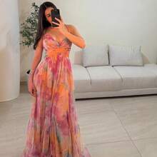 2026 Cross-Border European And American Spring/Summer New Mesh Printed Strap Dress INS Vacation Casual Party Dress - 綠色 - 查看 3