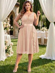 Plus Size Deep V-Neck Sequin Lace Patchwork Ruffle Hem Chiffon Formal Evening Party Dress, Summer Dress Elegant - Champagne - View 9