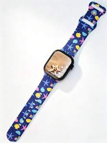 1pc Unisex Starfish & Seashell Print Silicone Watch Band, Compatible With Apple Watch 38/40/41/42/44/45/46/49mm, Ocean Creature Sports Strap, Fits Ultra/SE/11/10/9/8/7/6/5/4/3/2/1 Series, Soft Comfortable Replacement Wristband, Summer Beach Smartwatch Accessory - Blue - View 2