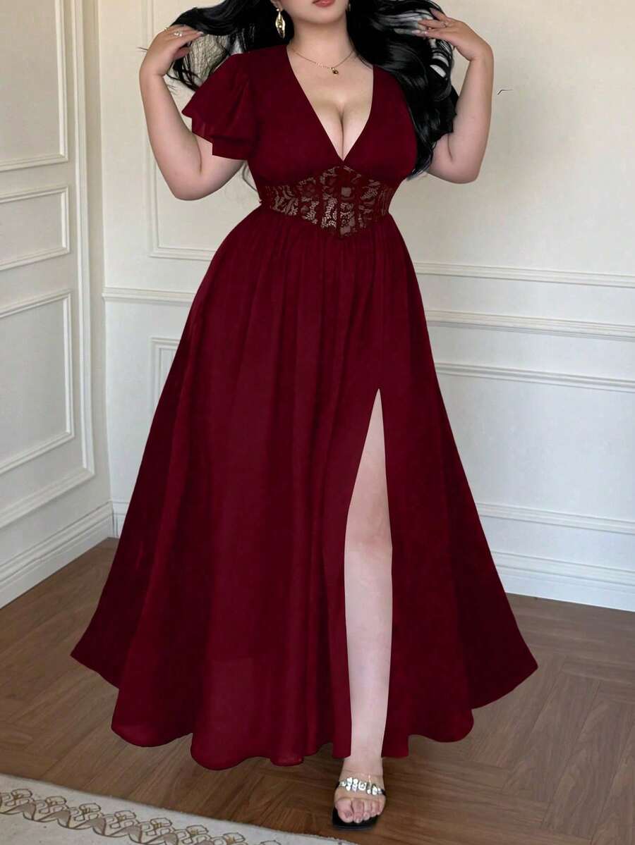 Vibekara Nuevo vestido de verano elegante con parches de encaje negro y cintura ceñida que reduce la edad - Burdeos - Ver 1