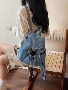 Vintage Washed Blue Canvas Drawstring Backpack, Niche Casual Style Flap Cover Backpack, Daily Commute Student Leisure Small Backpack, Relaxed Drawstring Flap Design, Casual Versatile Multi-Pocket Backpack, School Style Middle/High/College Student Backpack, Lightweight Travel Canvas Bag - Multicolor - View 12