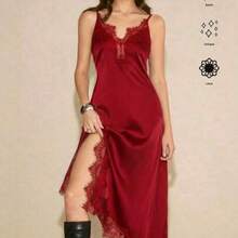 Vestido largo de satén con abertura alta y parches de encaje de unicolor para mujer - Rosa Roja - Ver 1