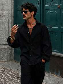 Cotton Linen, Breathable & Lightweight, Button Collar Design, Men's Linen Shirt - Black - View 2