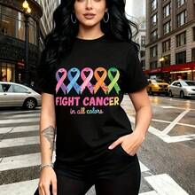 Camiseta de mujer con estampado de conciencia sobre el cáncer con cintas multicolores y texto "FIGHT CANCER in all colors" - diseño moderno y significativo, ajuste cómodo y fresco, estilo urbano para la calle - ideal para Día de la Madre, cumpleaños - Negro - Ver 9