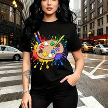 Camiseta de mujer con estampado artístico de paleta de pintor y setas coloridas con salpicaduras de arcoíris - camiseta casual de cuello redondo, ajuste cómodo y moderno, estilo urbano creativo y divertido - ideal para paseos por la ciudad, fiestas t - Negro - Ver 9