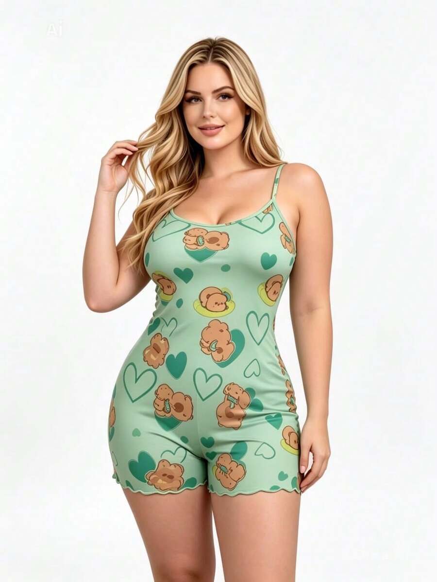 Plus Size Short Strappy Pajama Set, Premium Style, Blogger Style, Casual, Printed, Sleepwear - Green - View 1