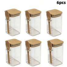 4/6/10/12pcs 320ml Square Glass Jars With Bamboo Lids And Spoons, Airtight Food Storage Containers For Sugar, Coffee, Oats, Flour, BBQ Seasoning, Kitchen Storage - View 11