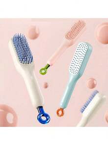 Self-Cleaning Hair Brush With Retractable Bristles - Plastic & Rubber Material, Suitable For Normal Hair Styling - Anti-Static, Gentle On Scalp, Easy To Clean Magic Hair Brush, Hair Styling Tool - Multicolor - View 1