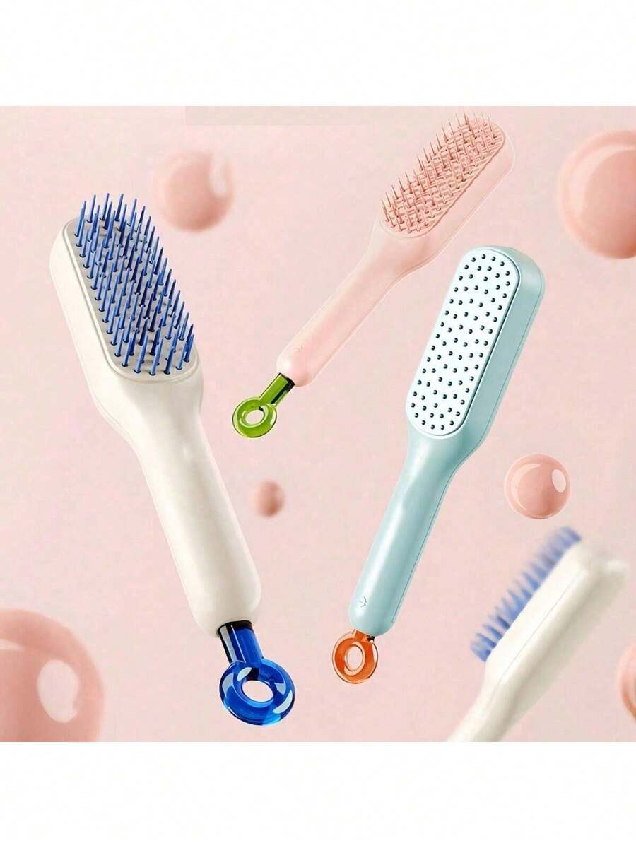 Self-Cleaning Hair Brush With Retractable Bristles - Plastic & Rubber Material, Suitable For Normal Hair Styling - Anti-Static, Gentle On Scalp, Easy To Clean Magic Hair Brush, Hair Styling Tool - Multicolor - View 1