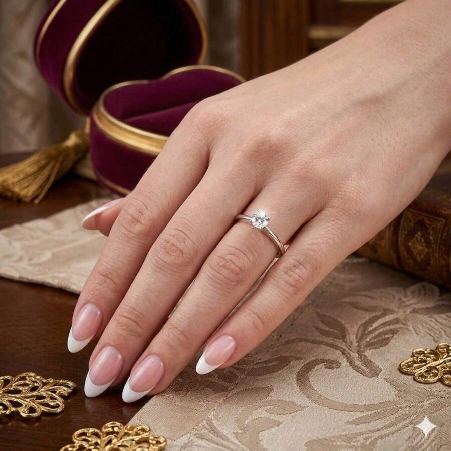 Stainless Steel Silver Solitaire Ring, Delicate, Colored Zirconia Stone, 3mm, Graduation, Debutante - Blanco - Ver 1