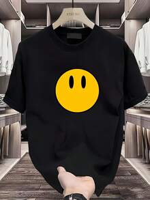 Camiseta de manga corta para hombre, de algodón de alta calidad, con estampado de marca de moda, nuevo estilo de verano, corte holgado, talla, informal y versátil. - Negro - Ver 1