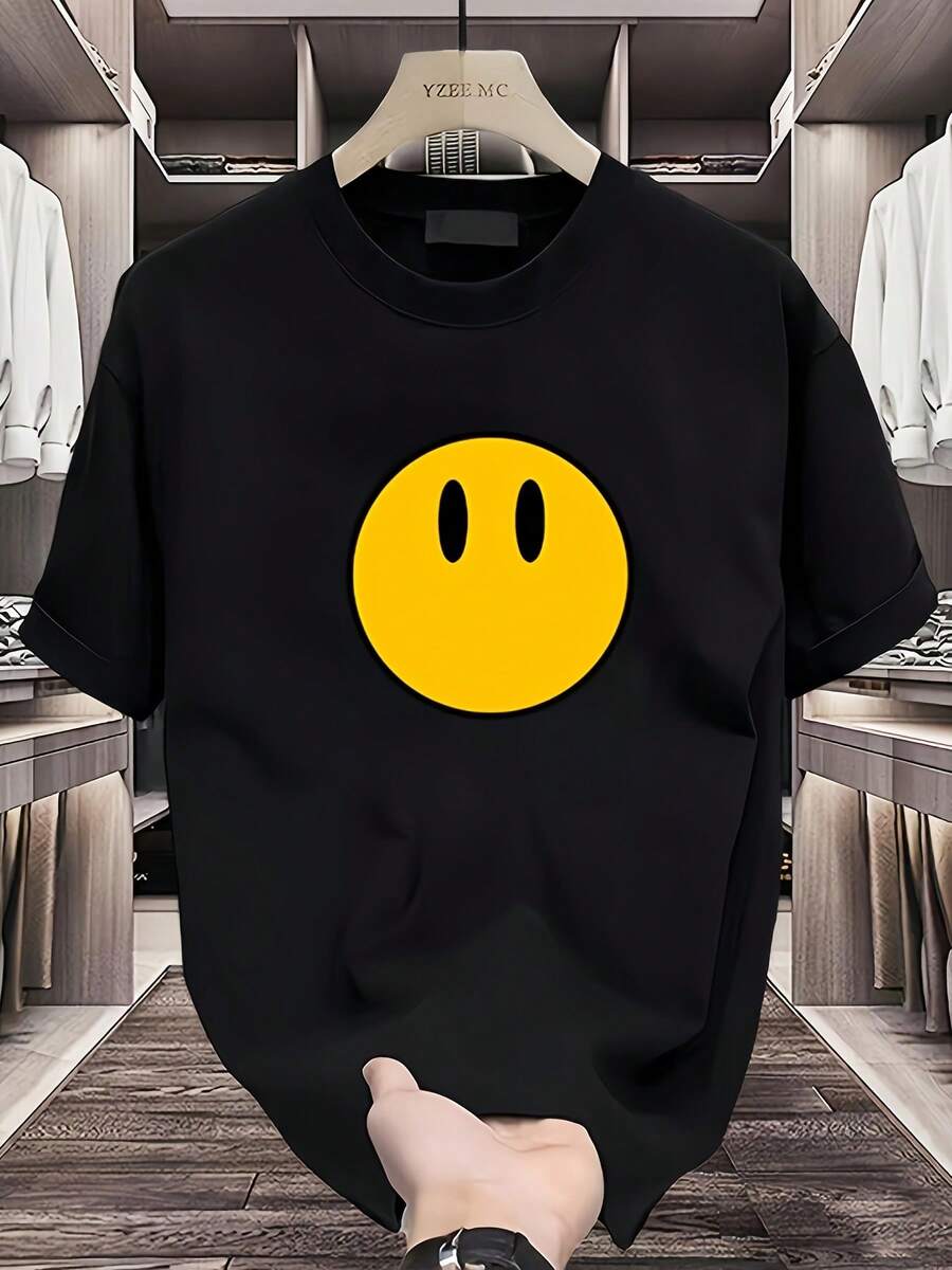 Camiseta de manga corta para hombre, de algodón de alta calidad, con estampado de marca de moda, nuevo estilo de verano, corte holgado, talla, informal y versátil. - Negro - Ver 1