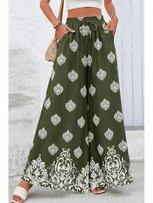 [Free Shipping]Women Wide Leg Pants Casual High Waist Floral Palazzo Pants For Women Flowy Lounge Boho Beach Trousers Pockets Women's Wide Leg - 軍綠色 - 查看 5