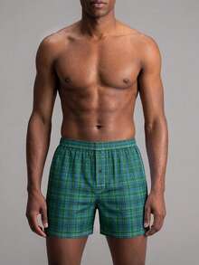 1piece Of Men Underwear, Soft And Comfortable Checkered Pattern Design Loose Corner Shorts, With Button Placket, Suitable For Daily Wear And Vacation - Multicolor - View 1