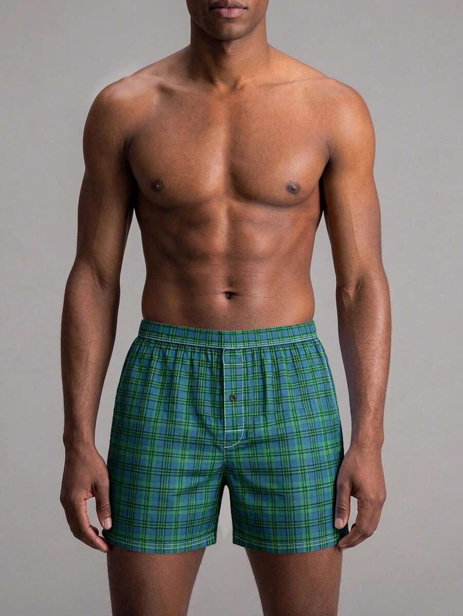 1piece Of Men Underwear, Soft And Comfortable Checkered Pattern Design Loose Corner Shorts, With Button Placket, Suitable For Daily Wear And Vacation - Multicolor - View 1