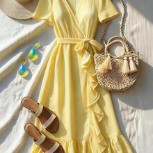 LunaCass8  Vestido elegante de media longitud con cuello en V con volantes y ajustado para vacaciones para mujer de talla estándar - Amarillo - Ver 2