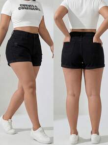 Plus Size High Stretch Black Denim Shorts With Distressed Details, Buttons, Zipper And Pockets Casual Summer - Black - View 7