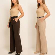 Set Of 2 Women's Wide-Leg Pants With Belt - 棕色/米色 - 查看 4