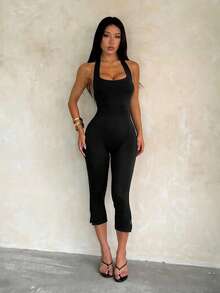 WOWDARK Women's Solid Color Halter U-Neck Backless Jumpsuit - 黑色 - 查看 4