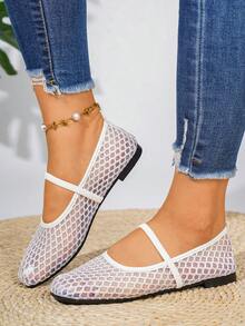 Women's Mesh Square Toe Flat Shoes, Outdoor Casual Wedding Party Breathable Hollow Out Ballet Loafers - White - View 4