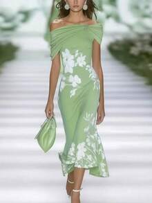 Vestido estampado hombro caído manga corta  popular - Verde - Ver 6