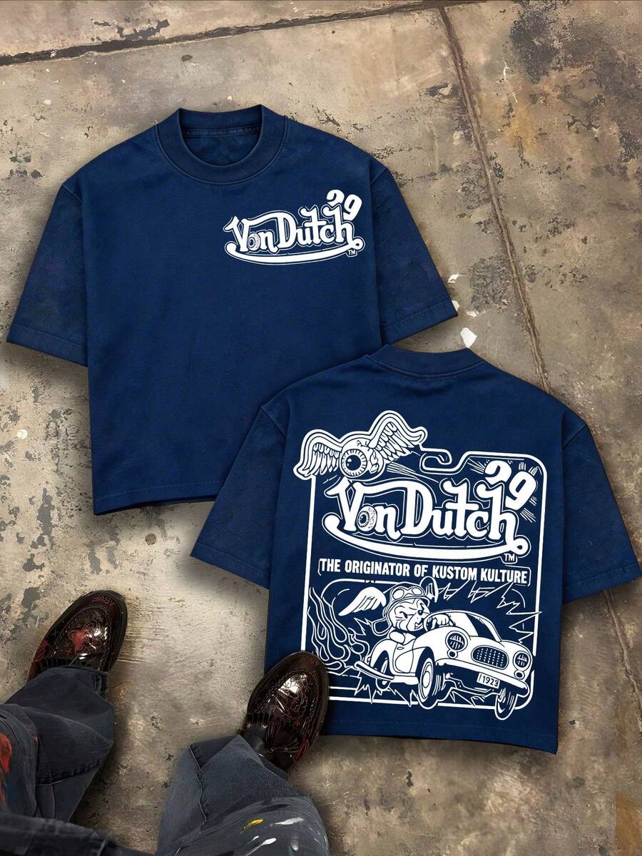 Von O Dutch's Classic Little Dog Tops With Flying Wings Driving A Sports Car - Oversized Old Printed Washed T-Shirt. Men's 100% Cotton, Loose Fitting, Y2K Street Retro Casual Urban Aesthetics, 100% Cotton Pullover. Gifts Men Clothes Men Shirts Graphic Teens Men Vintage T Shirts Graphic Tees Tanktop - 藏蓝色 - 查看 1