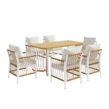 Modern Garden Set, Relaxation And Meeting Set For Several People, Iron Frame, Braided Armrests, Seat Cushions Included. - Beige - View 8