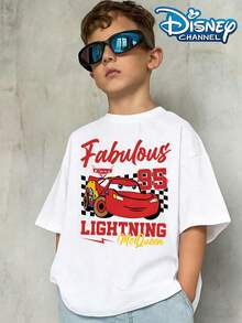 Disney Lightning McQueen Racing T-Shirt, 'Fabulous Cars LIGHTNING McQUEEN' In Red And Black With Lightning McQueen, Stylish Daily Versatile Top Print Pattern Summer Tops,Short-Sleeved Casual And Cute Style  Children's Clothing Design, Girl Clothes,Boy Kids Clothes ,Ropa Para Niños,Teen Girls Clothes, Summer Clothes,Boys Summer Outfits,Boys Clothes,Perfect For Cool Girls. Comfortable And Breathable Children's Short-Sleeved T-Shirt. Comfortable And Casual Wear All Year Children's Clothes,Comfortable & Lightweight, Iconic Print For Mix-And-Match Outfits,Suitable For Both Boys And Girls. - White - View 1