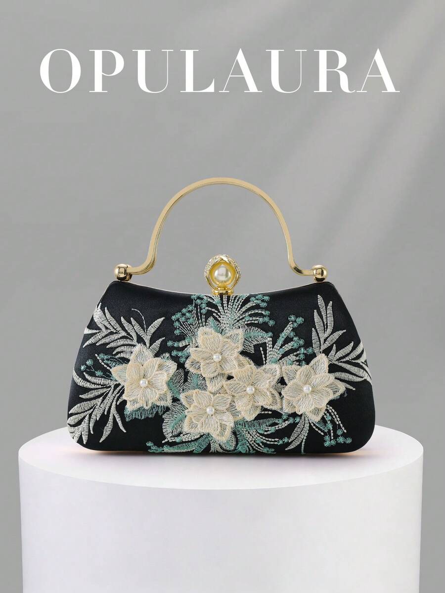 OpulAura 1 túi đeo vai họa tiết hoa thêu đen cổ điển, túi xách sườn xám cổ điển, túi cầm tay phong cách tiên nữ, túi tiệc, túi phù dâu, túi cô dâu, túi vuông, túi váy dạ hội, túi cầm tay ngọc trai, túi đính sequin hạt cườm, túi váy trang trọng, túi đeo vai dây xích - màu đen - Xem 1