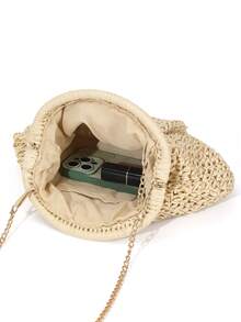 Handcrafted Paper Straw Woven Bag Embroidery Dual Use Shoulder Crossbody Clutch Fashion Travel Daily Bag For Ladies - Beige - View 9