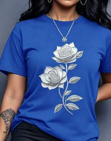 Women's Casual Crew Neck Short Sleeve T-Shirt With Floral Print, Perfect For Valentine's Day - Vintage Street Style Unisex Cotton Short Sleeve Crew Neck T-Shirt - 藍色 - 查看 12