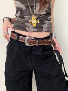 1件女款咖啡色PU皮革復古龐克鉚釘小眾腰帶 - 咖啡 - 查看 2