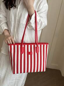 European And American Cross-Border Personalized Large Capacity Striped Minimalist Printed Tote Bag, New Women's Rhombus Commuter Shoulder Bag - Red - View 3