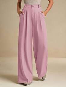 Ladies' High Waist Wide Leg Pants Set - Solid Color Office Jacket With Pants, Tailored Professional Set, Suitable For Meetings And Casual Occasions - 粉紅色 - 查看 1