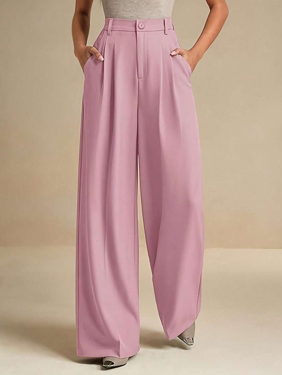 Ladies' High Waist Wide Leg Pants Set - Solid Color Office Jacket With Pants, Tailored Professional Set, Suitable For Meetings And Casual Occasions - 粉紅色 - 查看 1
