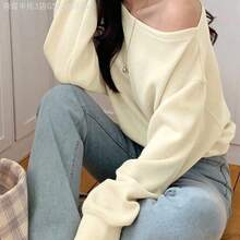 Yunuo Menswear  Camiseta de manga larga con hombros asimétricos, ajuste holgado y unicolor, top casual y lindo para mujer - Negro - Ver 3