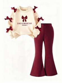 Young Girls Simple Fashion Burgundy Bow Letter Print Black Top And Pants Sports Set Autumn/Winter - Burgundy - View 2