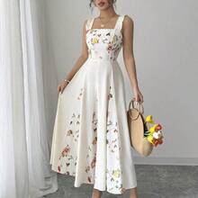 Vestido de línea A con estampado de patchwork en la cintura para mujer, elegante para vacaciones, viajes y uso diario, sin mangas - Rosa vieja - Ver 5