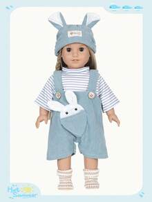 4pcs 16-18in Children's Doll Rabbit Theme Outfit, Striped Top + Rabbit Ear Overalls + Hat + Socks, Playful Dress-Up Clothes, Ideal Birthday Gift For Kids (Doll Not Included) - Multicolor - View 2