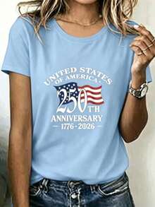 Loose V Neck Red Women's Tee Curved American Text Floating Star Strip Flag Print, Silky Smooth Top For Patriotic Anniversary Holiday Wear - 淺藍色 - 查看 17