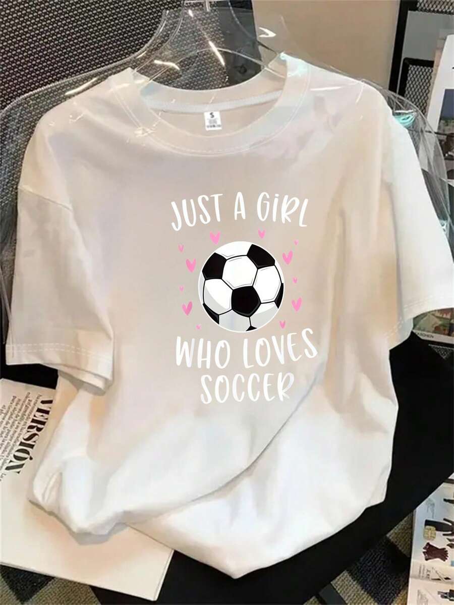 Top de mujer de manga corta y cuello redondo con estampado de balón de fútbol, apto para todas las estaciones. - Blanco - Ver 1