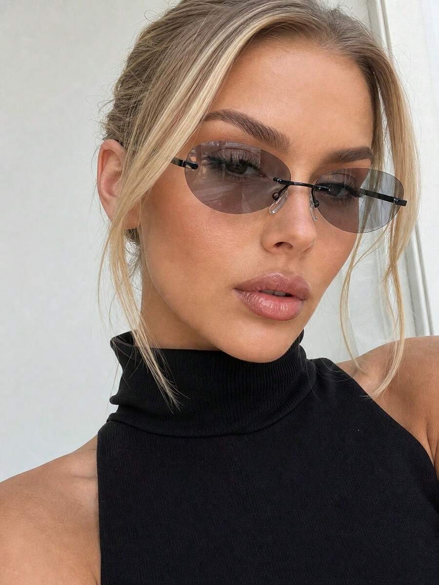 Frameless Oval Decorative Glasses, Y2K Punk Chic Style Glasses, Minimalist Basic Glasses With Glasses Case, Lightweight Retro Fashion Accessory Suitable For Casual And Formal Outfits