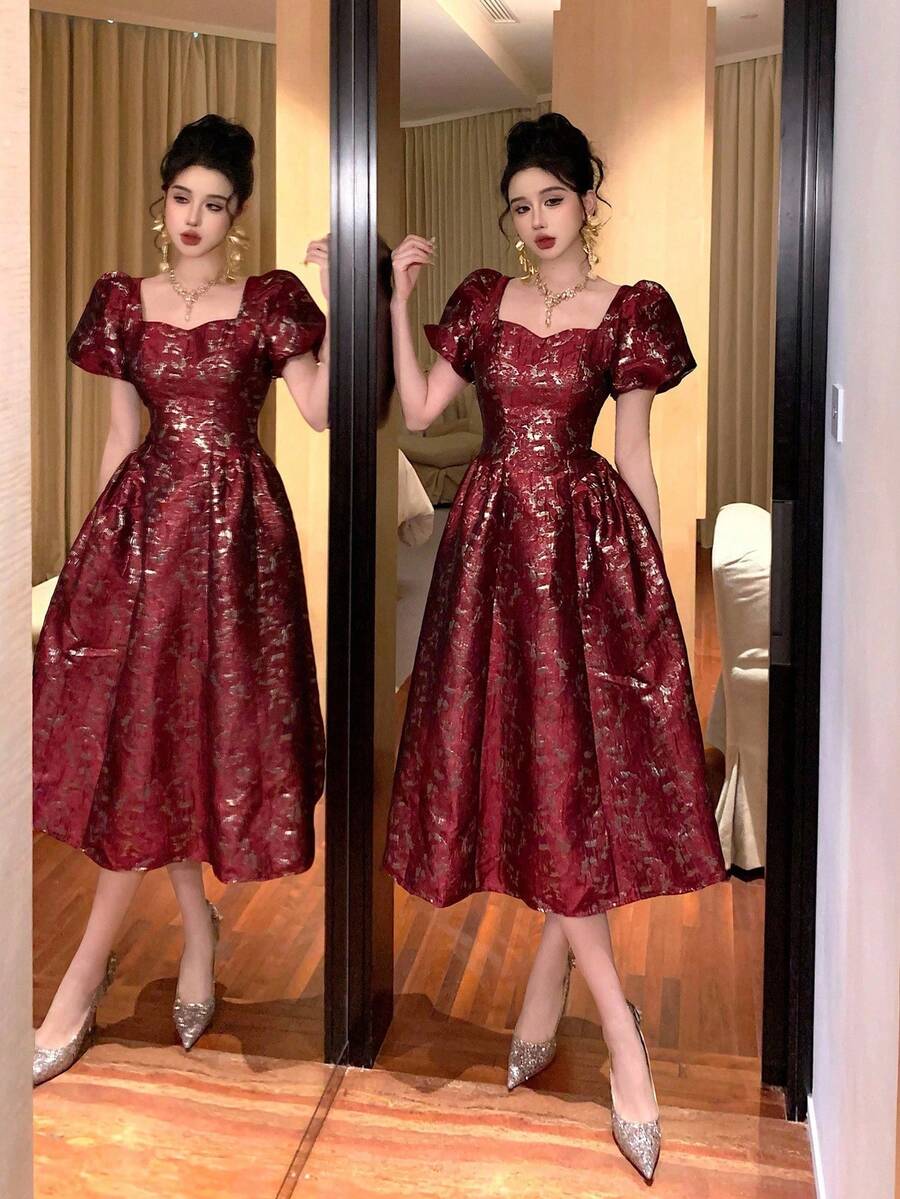 Vestido midi de mujer con mangas abullonadas, cintura ceñida y estampado jacquard elegante. Vestidos de mujer para cumpleaños, verano, ropa formal, casual y de Navidad con estampado floral para mujer. - Burdeos - Ver 1