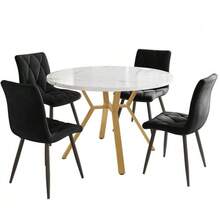 Dining Room Set, Table And Chairs (5 Pieces), Modern And Minimalist Style, Consisting Of A Round Marble Table, Gold Metal Table Legs And 4 Ergonomic Black Velvet Chairs. - Gold - View 3
