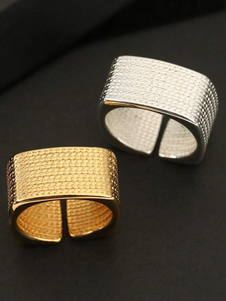 1Pc Men's Wide Band Open Ring, Copper Plated Gold/Silver, Textured Weave Pattern, Hip Hop & Punk Style, Adjustable Statement Ring
