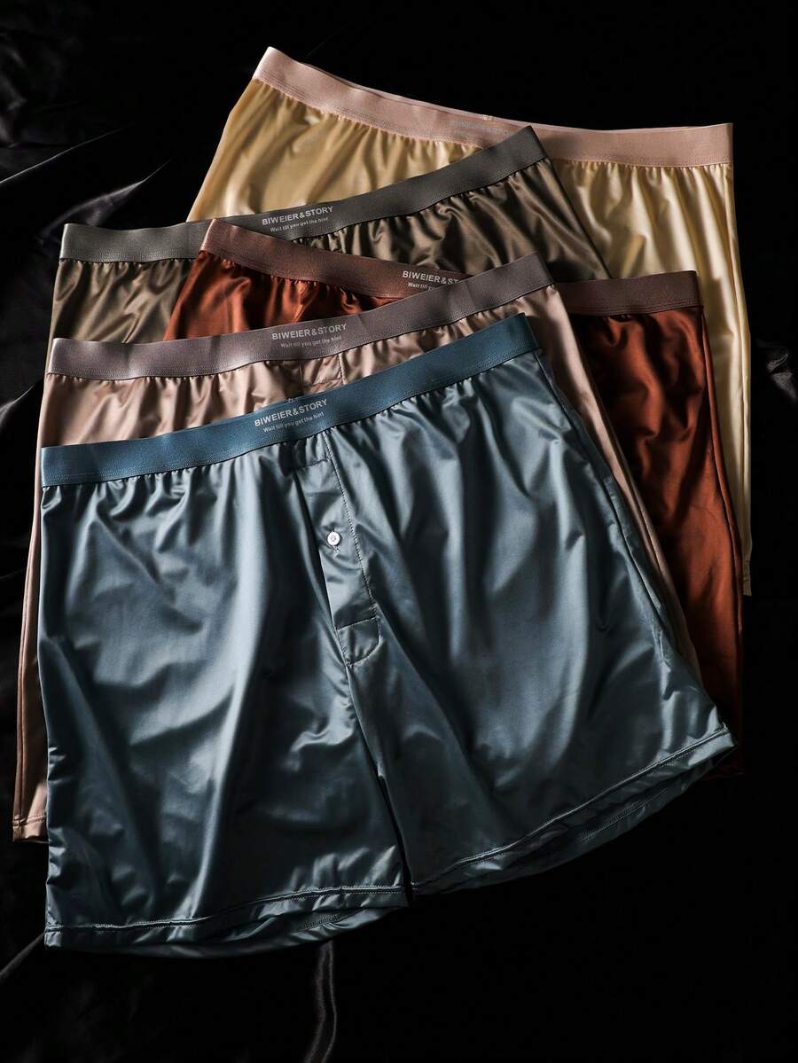 5pcs BIWEIER Men's Satin Boxer Shorts, Luxury Style, Fashion Morandi Color Palette, Soft & Comfortable, Smooth Men's Underwear, Suitable For Men's Gifts And Home Vacation - Multicolor - View 1
